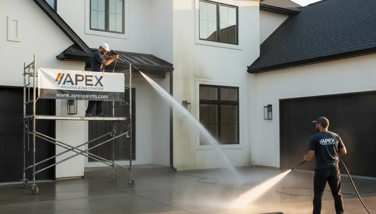 Professional pressure washing a Milwaukee WI home exterior to remove grime mold and salt buildup