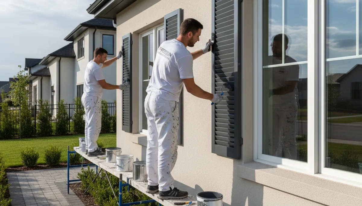 Professional painters refinishing exterior shutters in Milwaukee, WI for durable weather-resistant finish